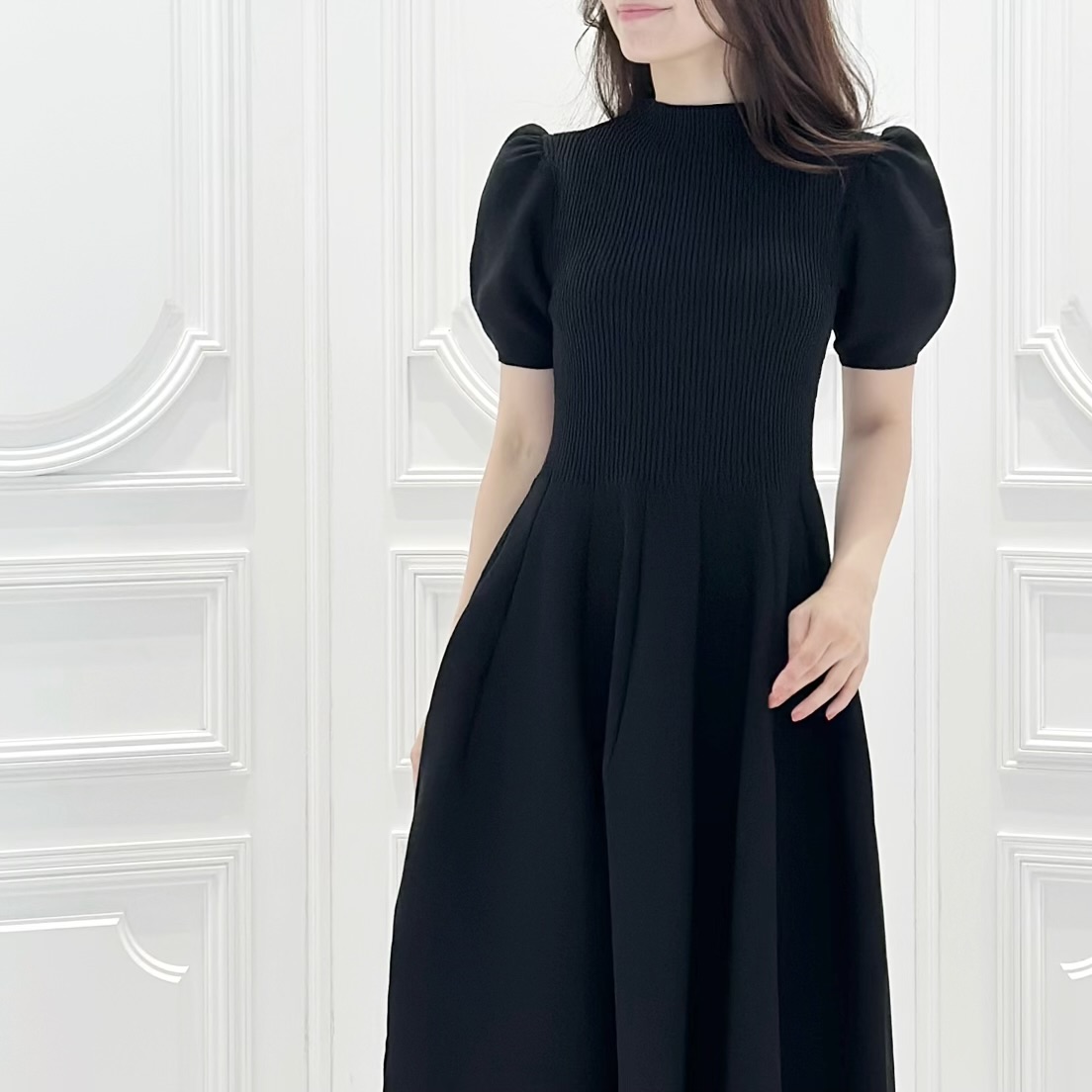 M-PREMIER ニットジョーゼットフレアワンピース ネイビー M-PREMIER