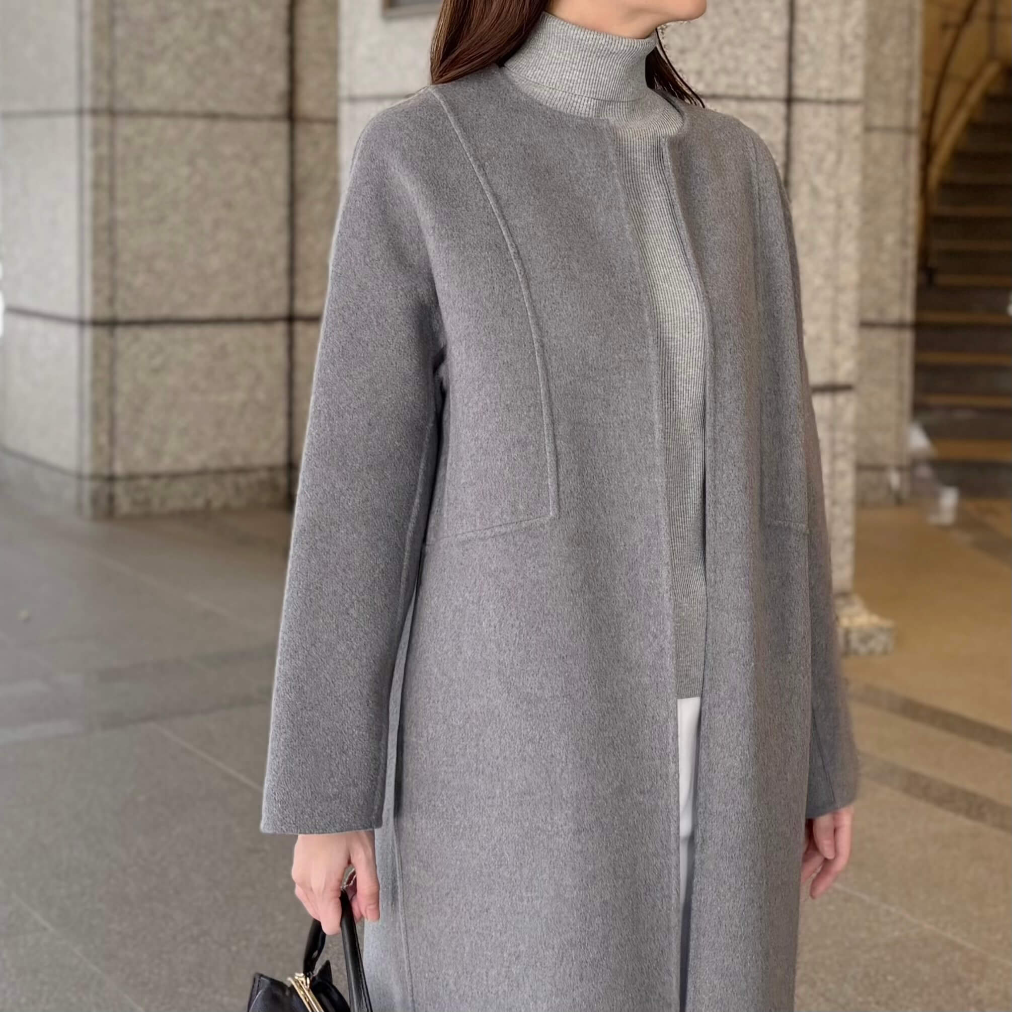 M-PREMIER ウール　ダブルフェイス　ノーカラー　コート　白　36 SHIPS Primary Navy Label:ウールダブルフェイスノーカラー