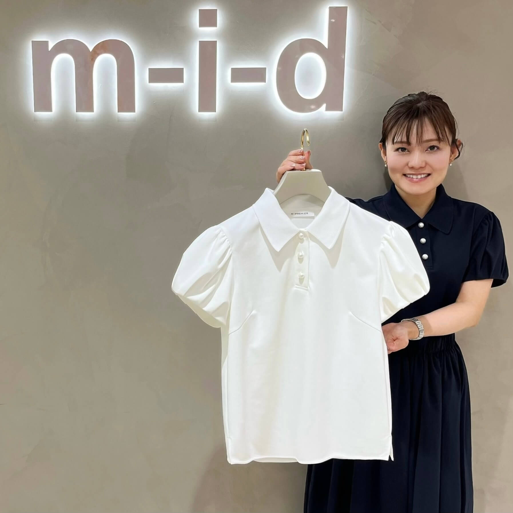 M-PREMIER ポンチデザインスリーブパールボタンポロシャツ M