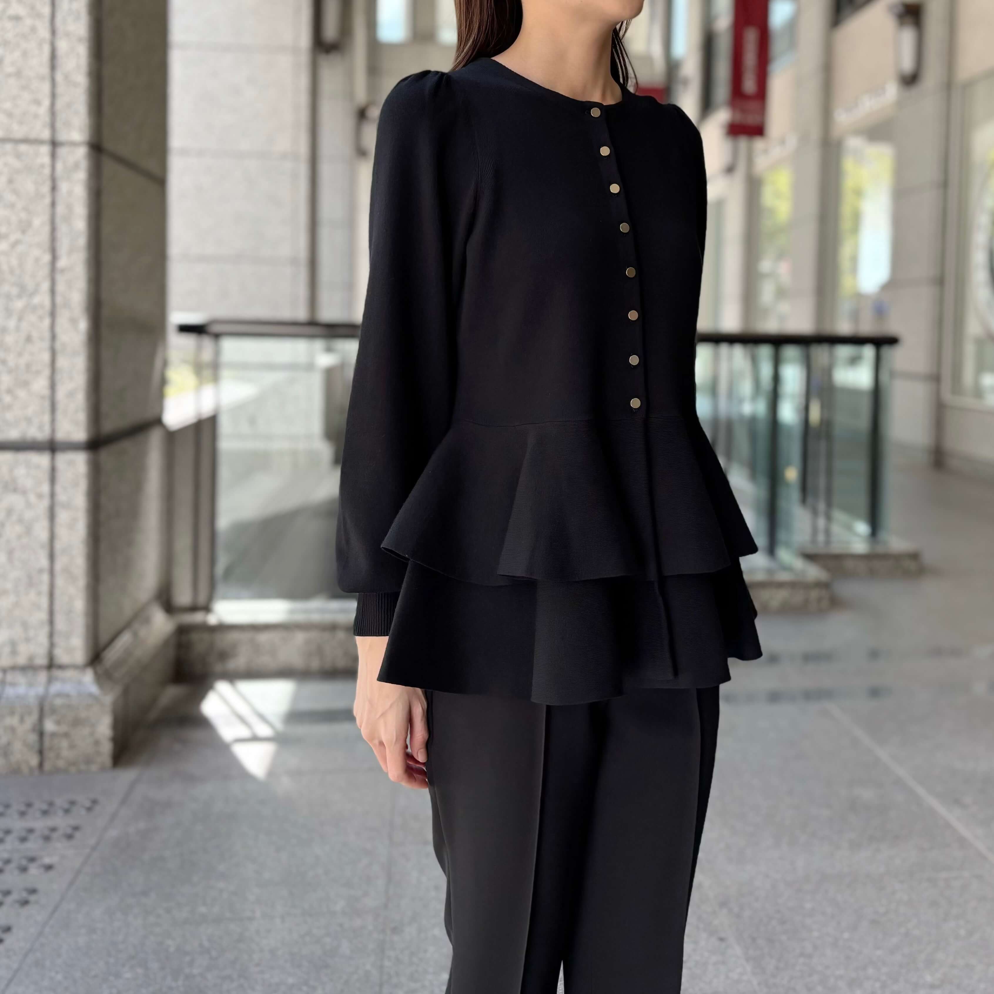 M-premier BLACK 長袖ペプラムニット　エムプルミエ バックティアードペプラムニットカーディガン: M-PREMIER公式