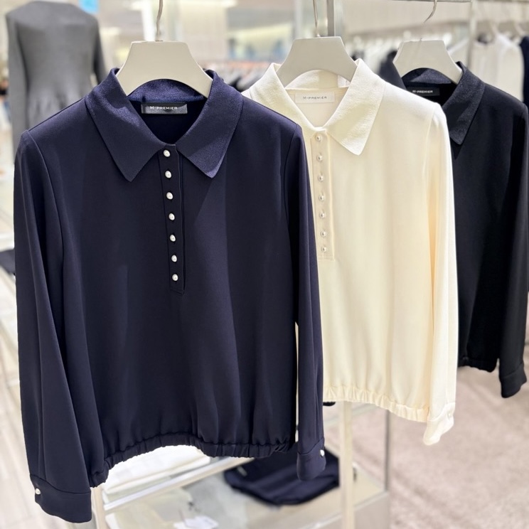 m,i,d, navy” / 新作パールボタンバンドカラーペプラムブラウスが入荷
